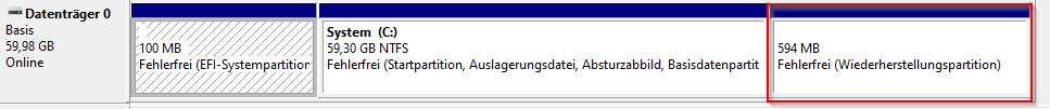 Datenträgerverwaltung mit Wiederherstellungspartition hinter Laufwerk C: