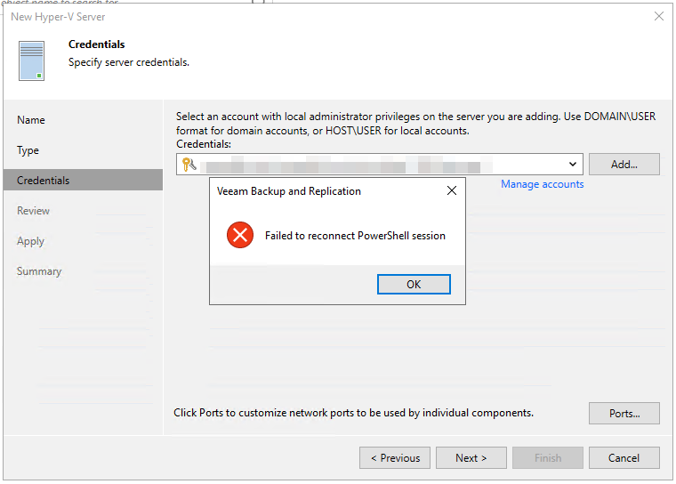 Fehlermeldung in Veeam beim Hinzufügen des SCVMM-Servers